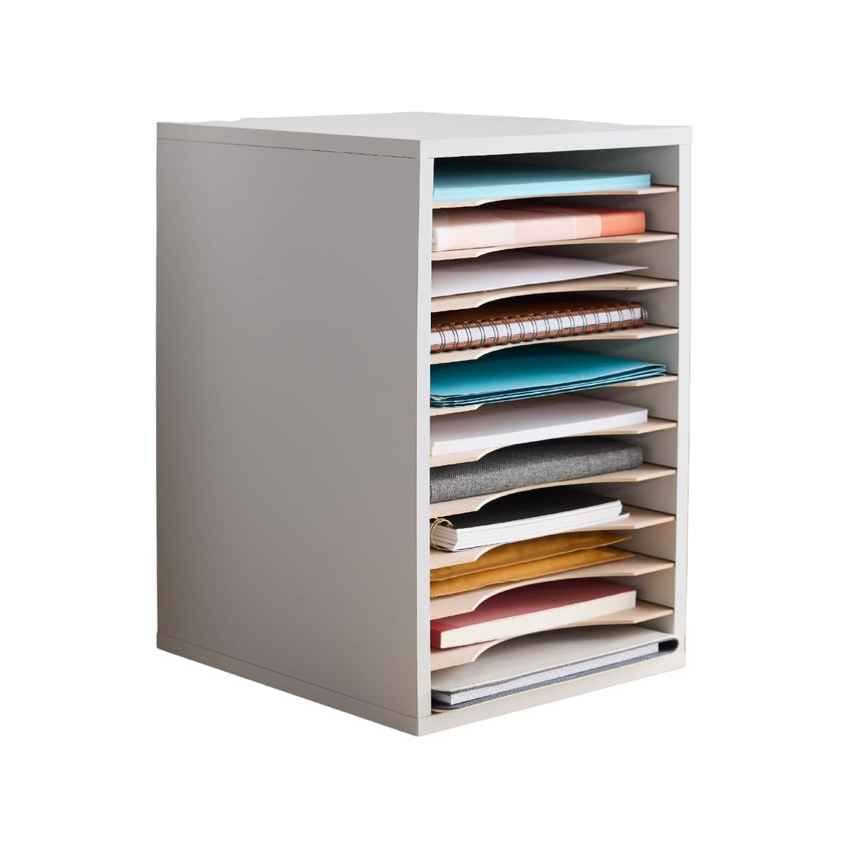 11 Compartment Gray Wood Literature Organizer B349920