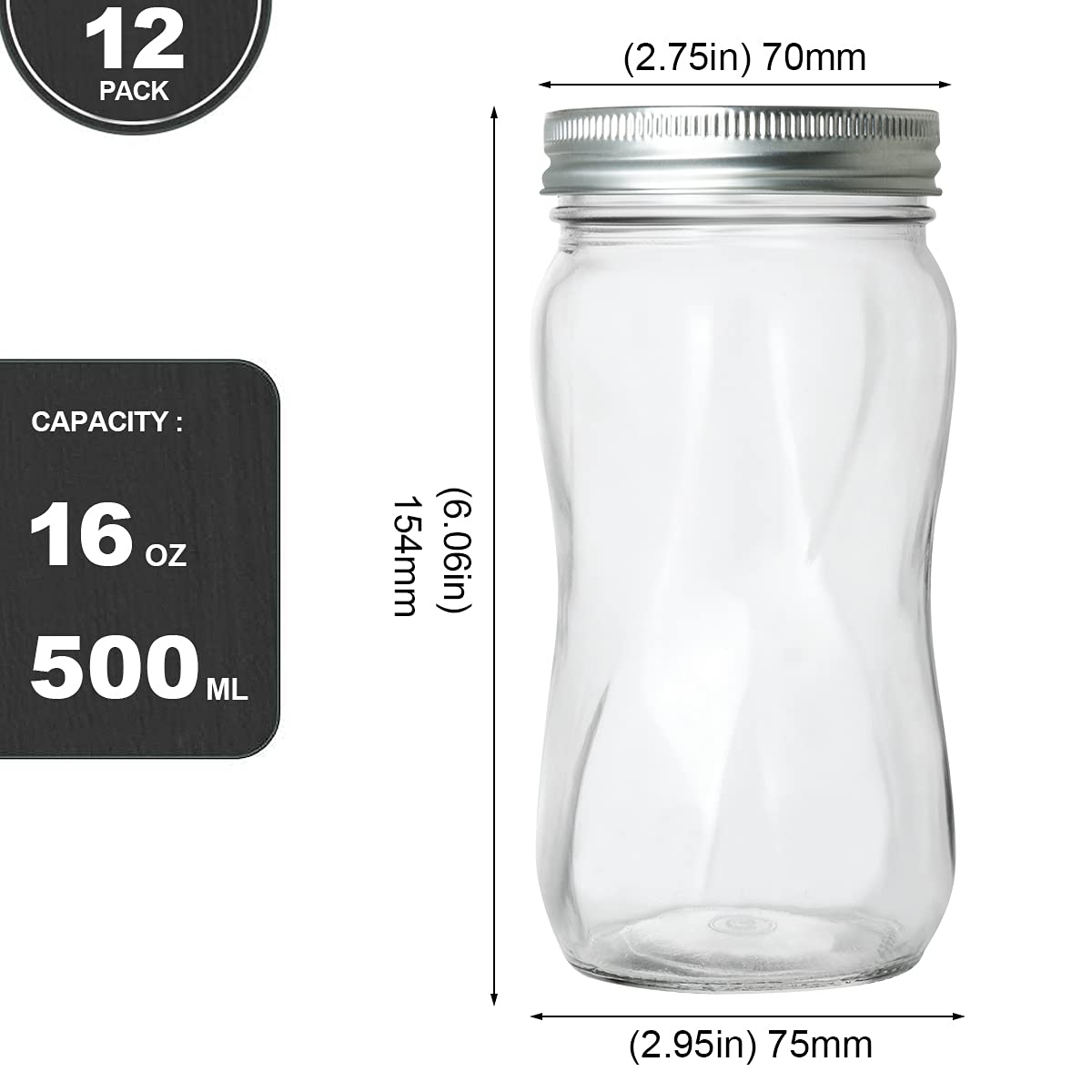 16oz Regular Mouth Mason Jars 12 Pack with Lids & Bands W572