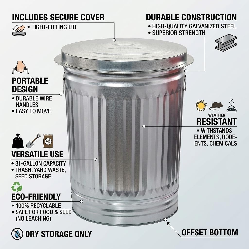 31 Gallon Galvanized Steel Trash Can with Lid S5432