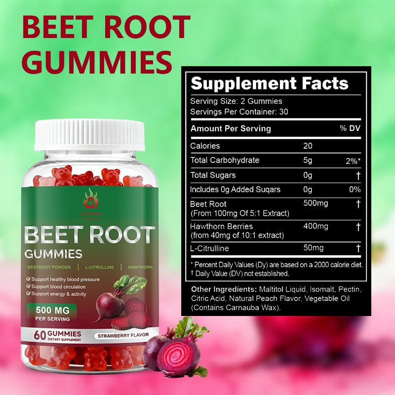 Beet Root Gummies 60 Chews Vegan Non-GMO Gluten Free Supplement A159514