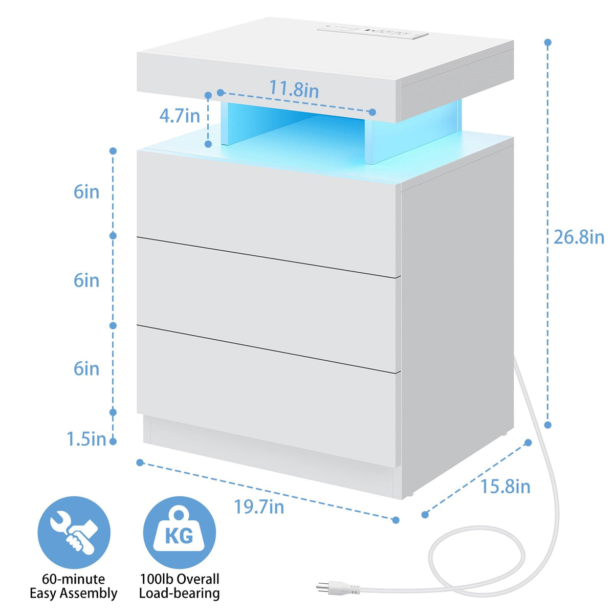White 3 Drawer Nightstand with Charging Station and LED Light P621410