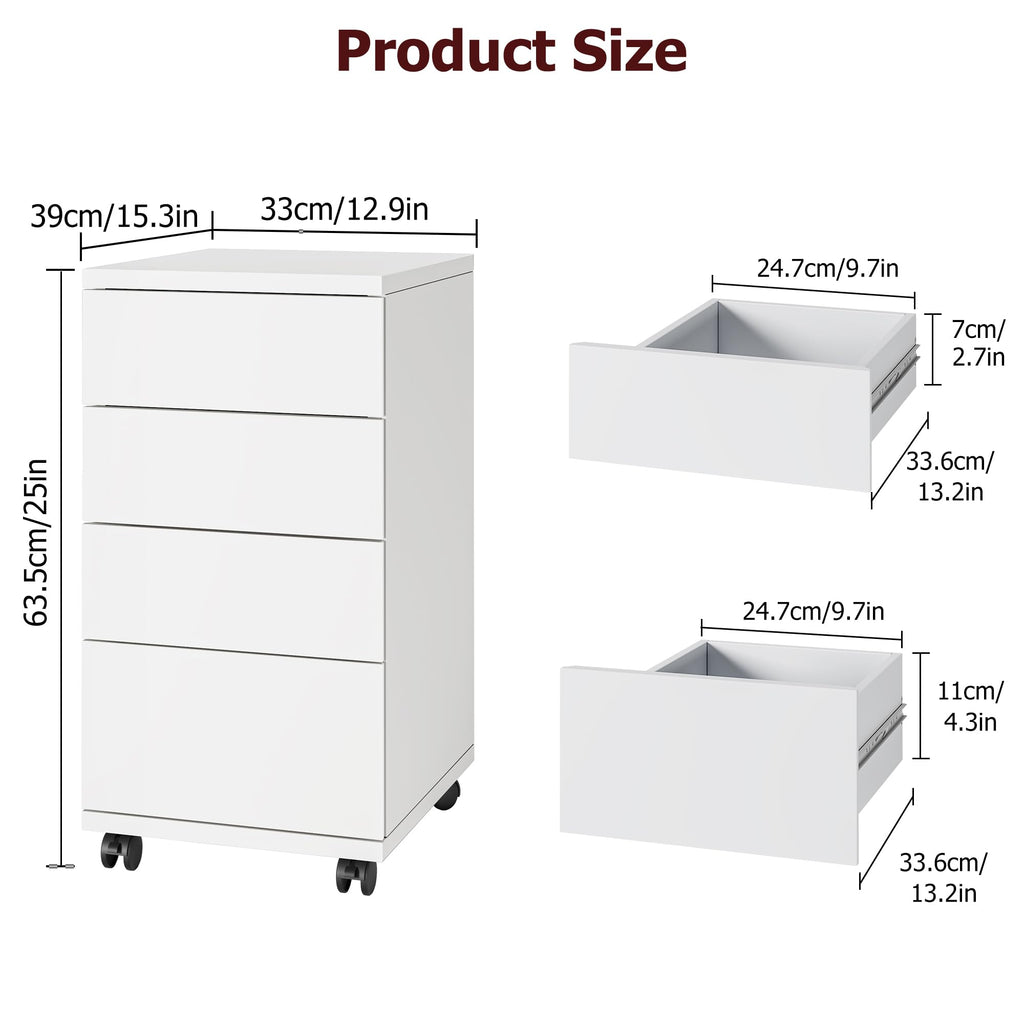 White 4 Drawer Wood Storage Cabinet with Wheels P91763