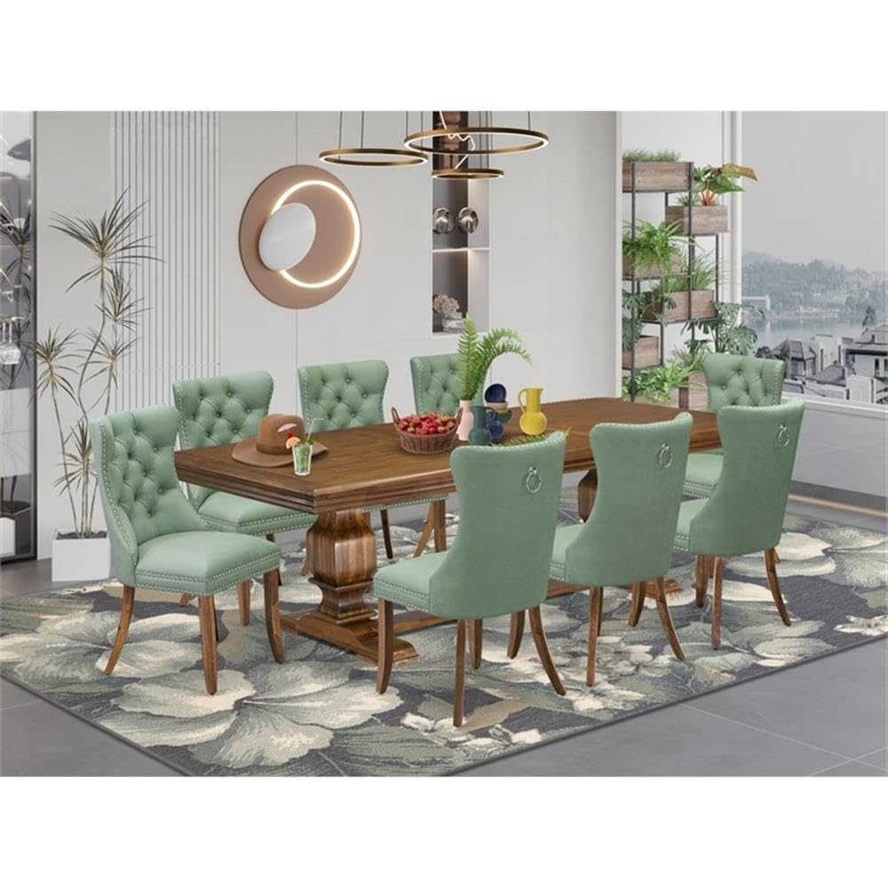 9-Piece Acacia Wood Dining Table Set with 8 Faux Leather Chairs B810521