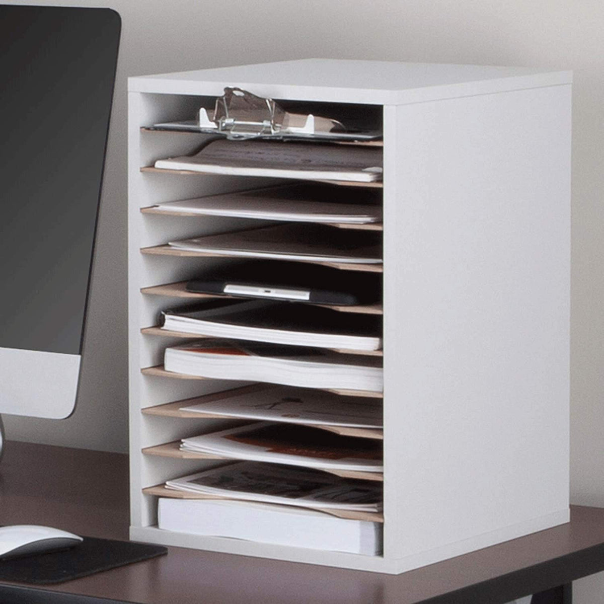 11 Compartment Gray Wood Literature Organizer B349920