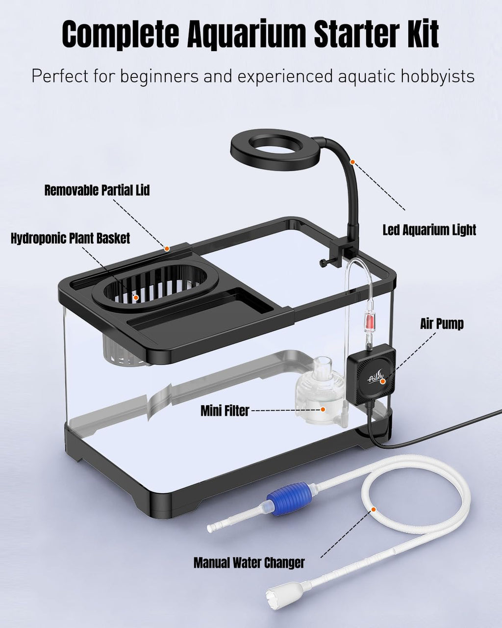 2 Gallon Ultra Clear Aquarium Starter Kit with LED Light, Air Pump, Filter X6702