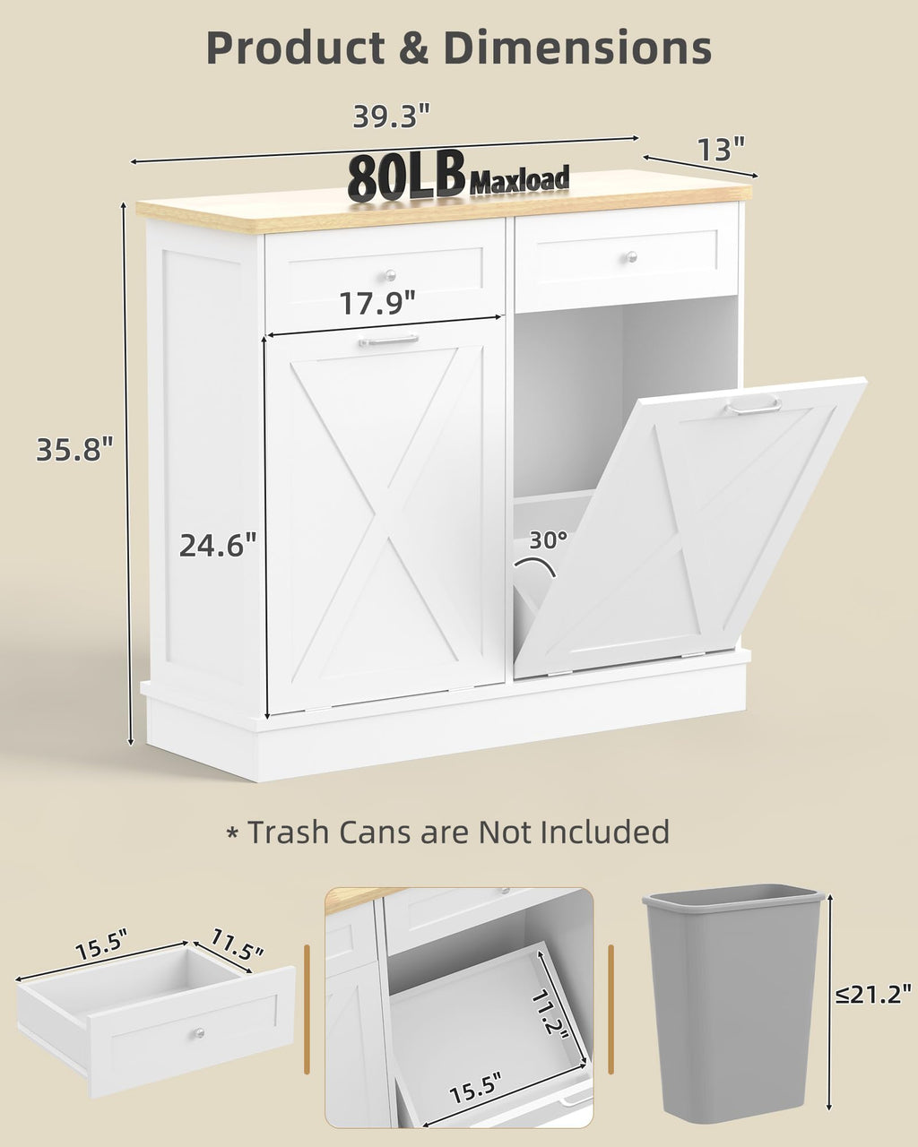 2x10 Gallon Tilt Out Trash Cabinet with Hideaway Drawers, White O453
