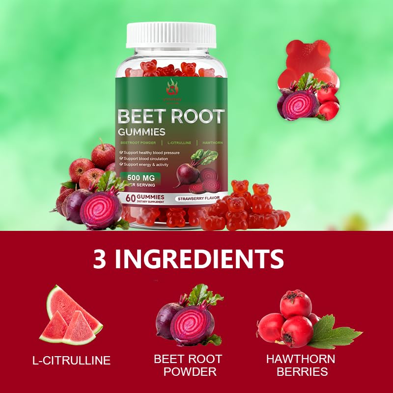 Beet Root Gummies 60 Chews Vegan Non-GMO Gluten Free Supplement A159514