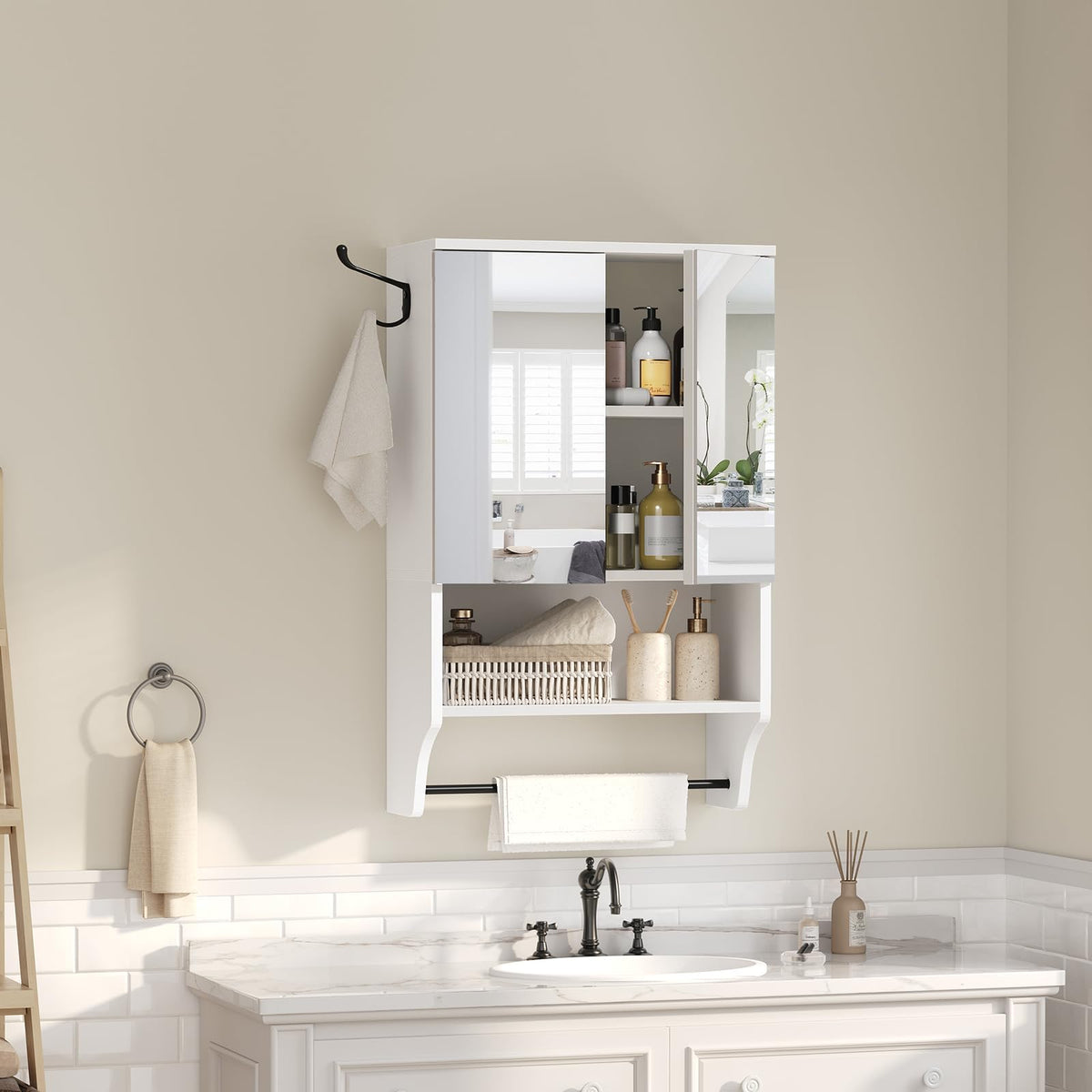 White Wall Mounted Bathroom Cabinet with Mirror and Adjustable Shelf R478760