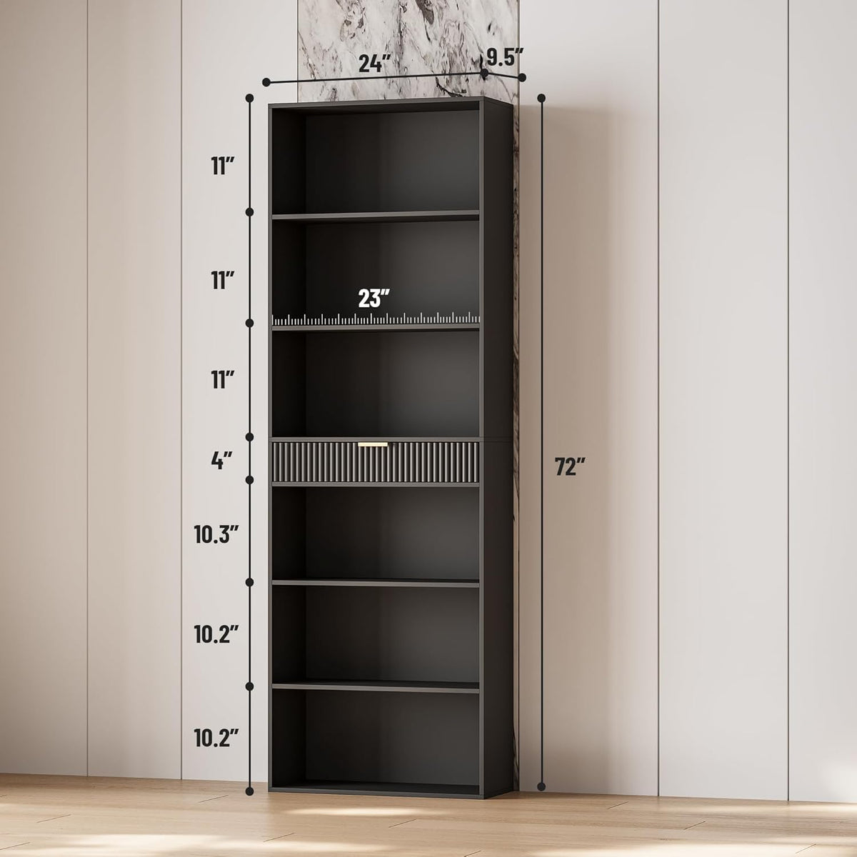 7-Tier Black Bookshelf with Drawer C576