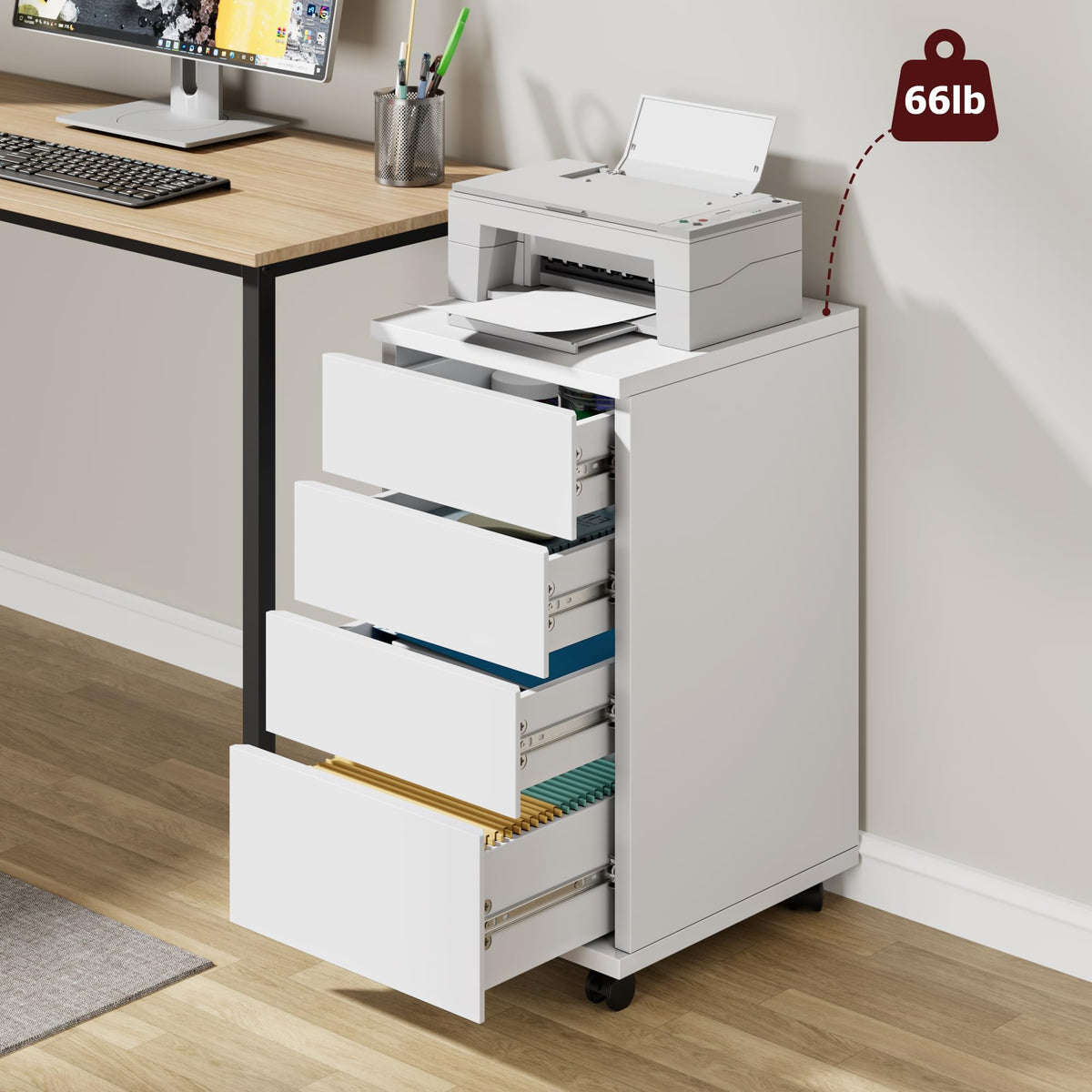 White 4 Drawer Wood Storage Cabinet with Wheels P91763