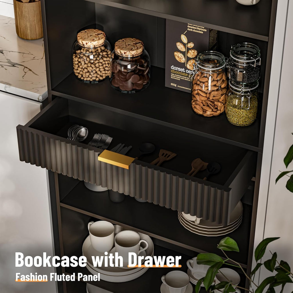 7-Tier Black Bookshelf with Drawer C576