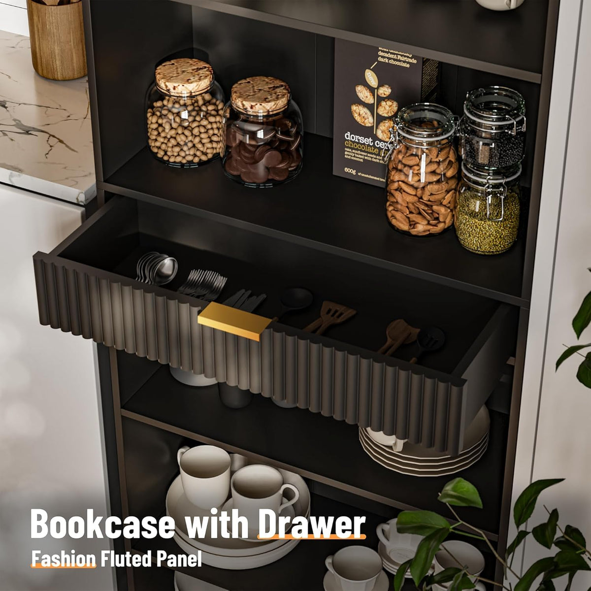 7-Tier Black Bookshelf with Drawer C576