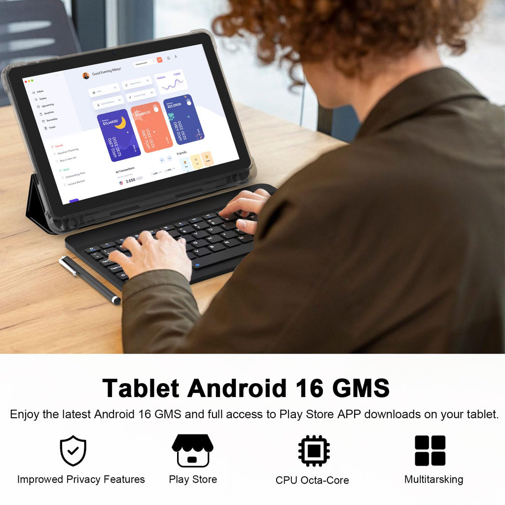 Android 16 Tablet 10 Inch 20GB RAM 128GB ROM Black N4710