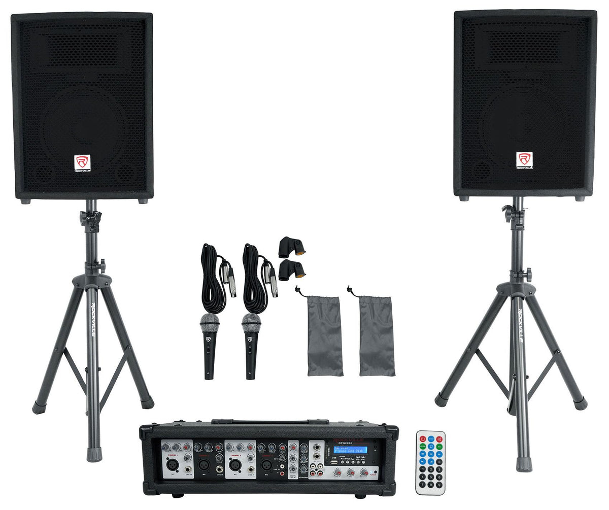 10" PA Speaker Pair with Mixer and Wireless Mics F480