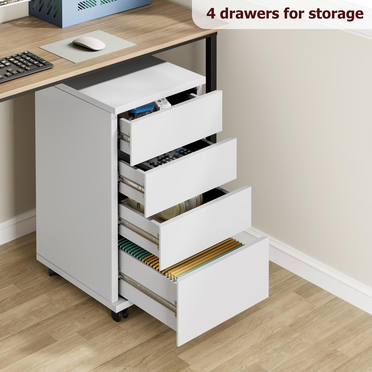 White 4 Drawer Wood Storage Cabinet with Wheels P91763