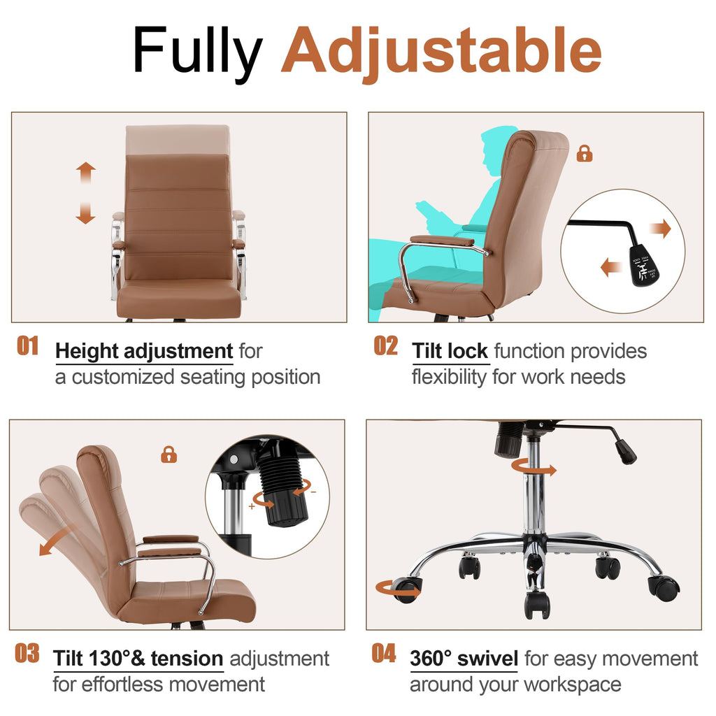 Brown Leather High Back Office Chair with Armrest X572538