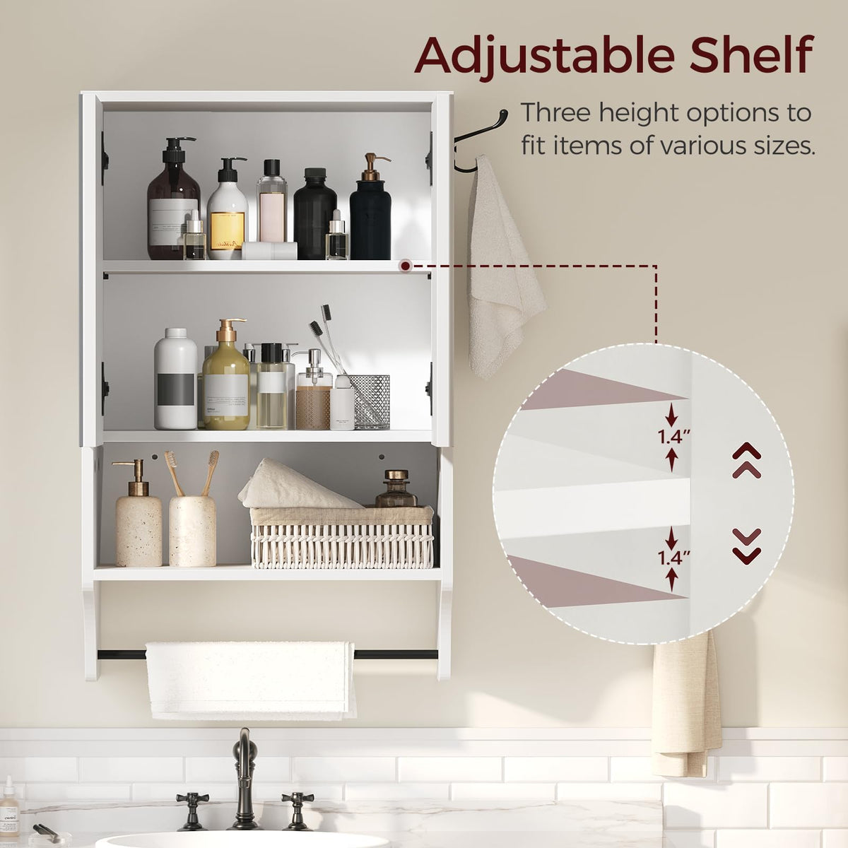 White Wall Mounted Bathroom Cabinet with Mirror and Adjustable Shelf R478760