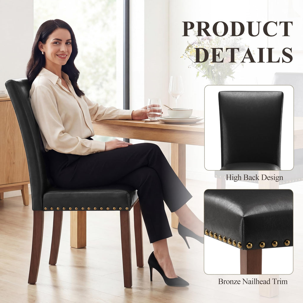 Black Leather Dining Chairs Set of 2 with Wood Legs M5903