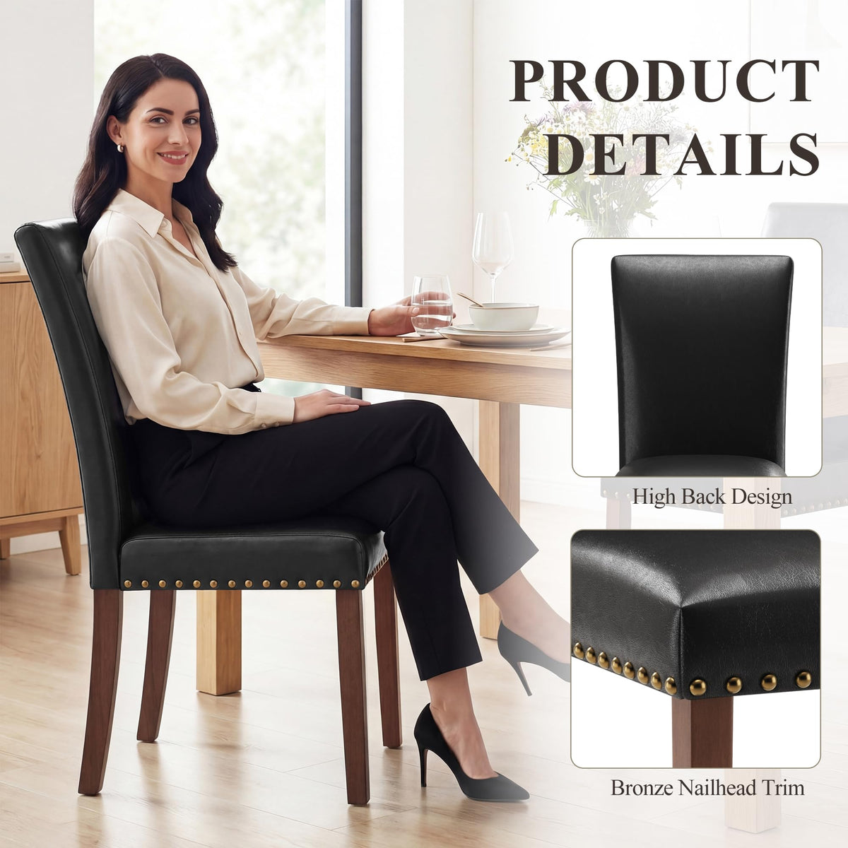 Black Leather Dining Chairs Set of 2 with Wood Legs M5903