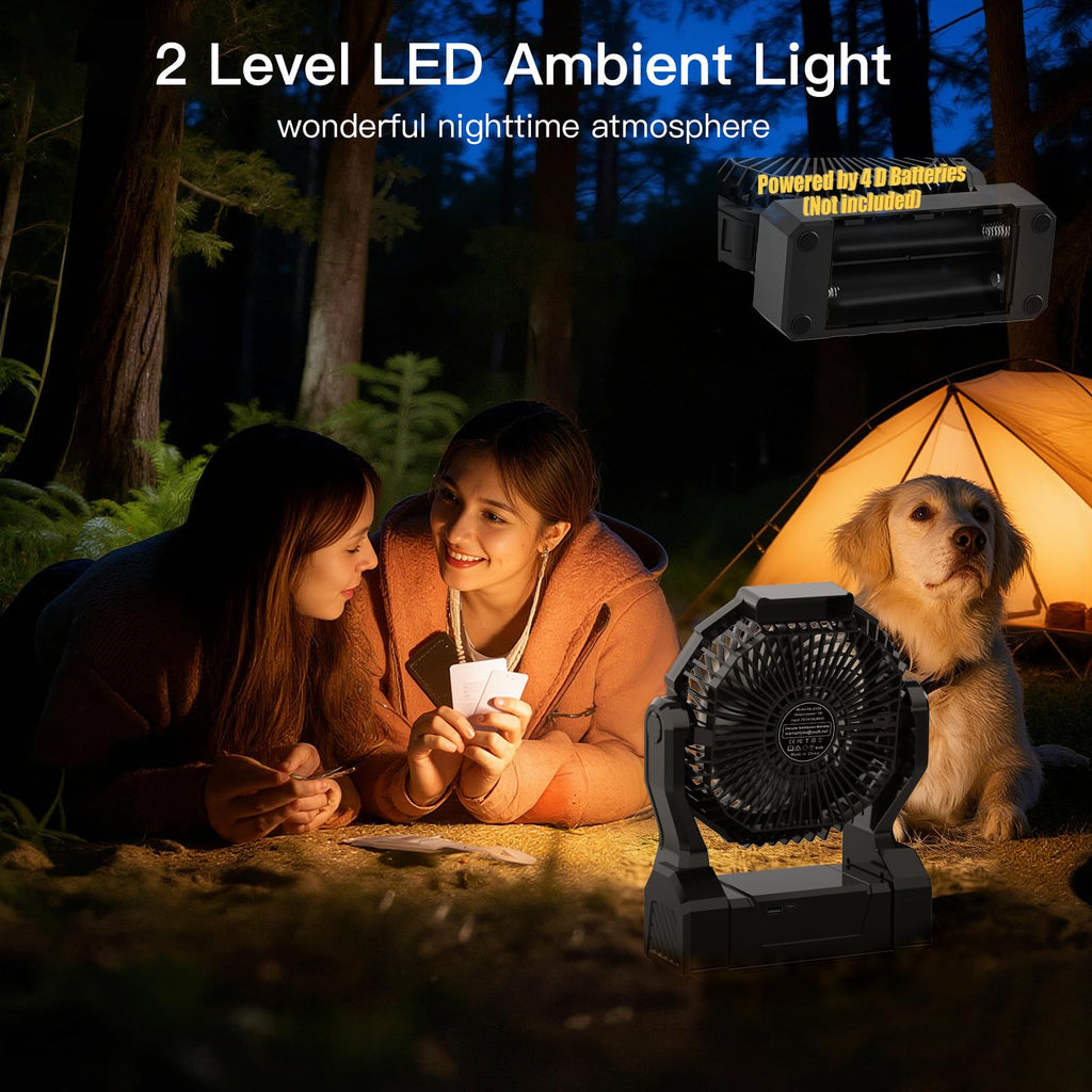 Battery Operated Portable Fan with 4 Speeds, 3 Timers & 2 Light Modes, Black N649