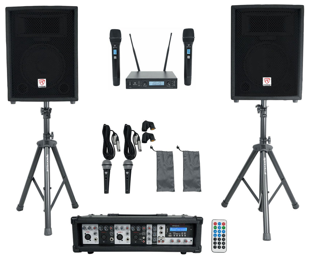 10" PA Speaker Pair with Mixer and Wireless Mics F480