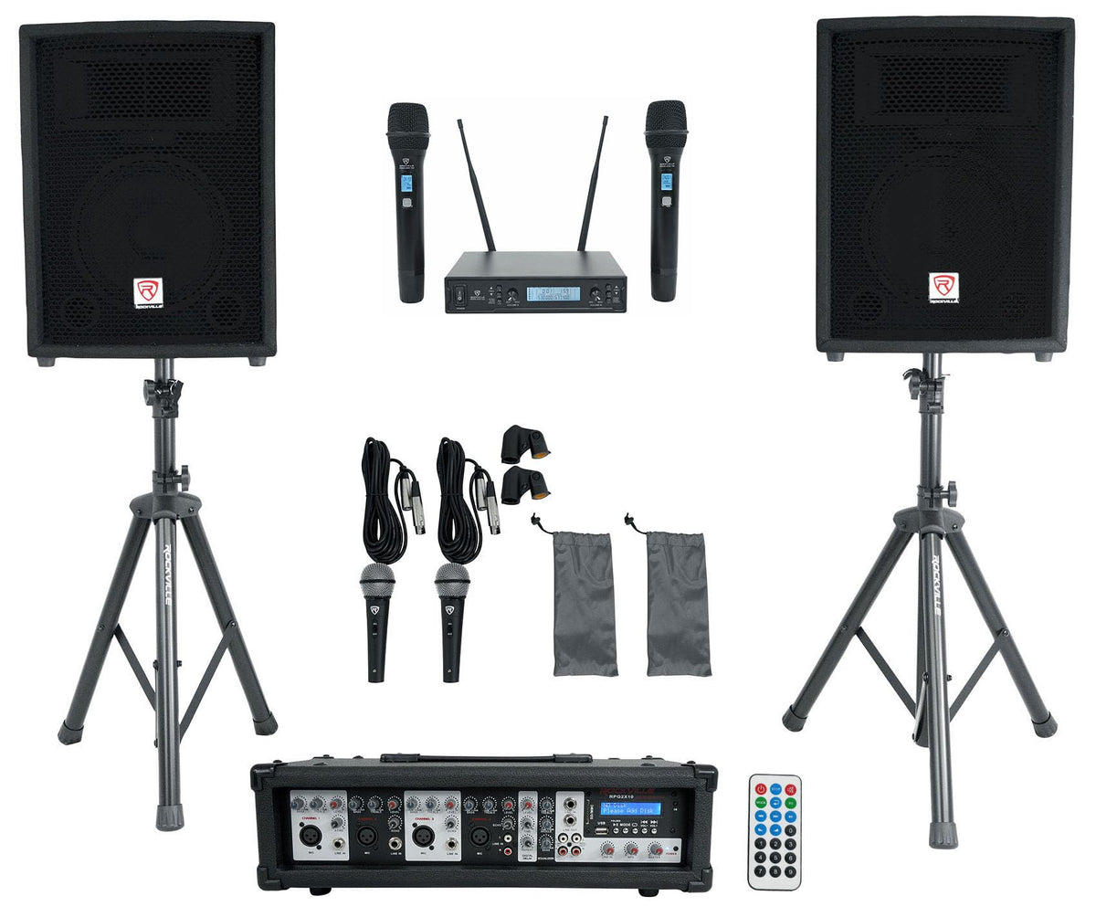 10" PA Speaker Pair with Mixer and Wireless Mics F480