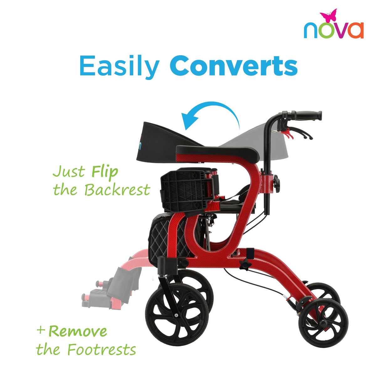 2-in-1 Rollator & Transport Wheelchair with Seat, Red U13484