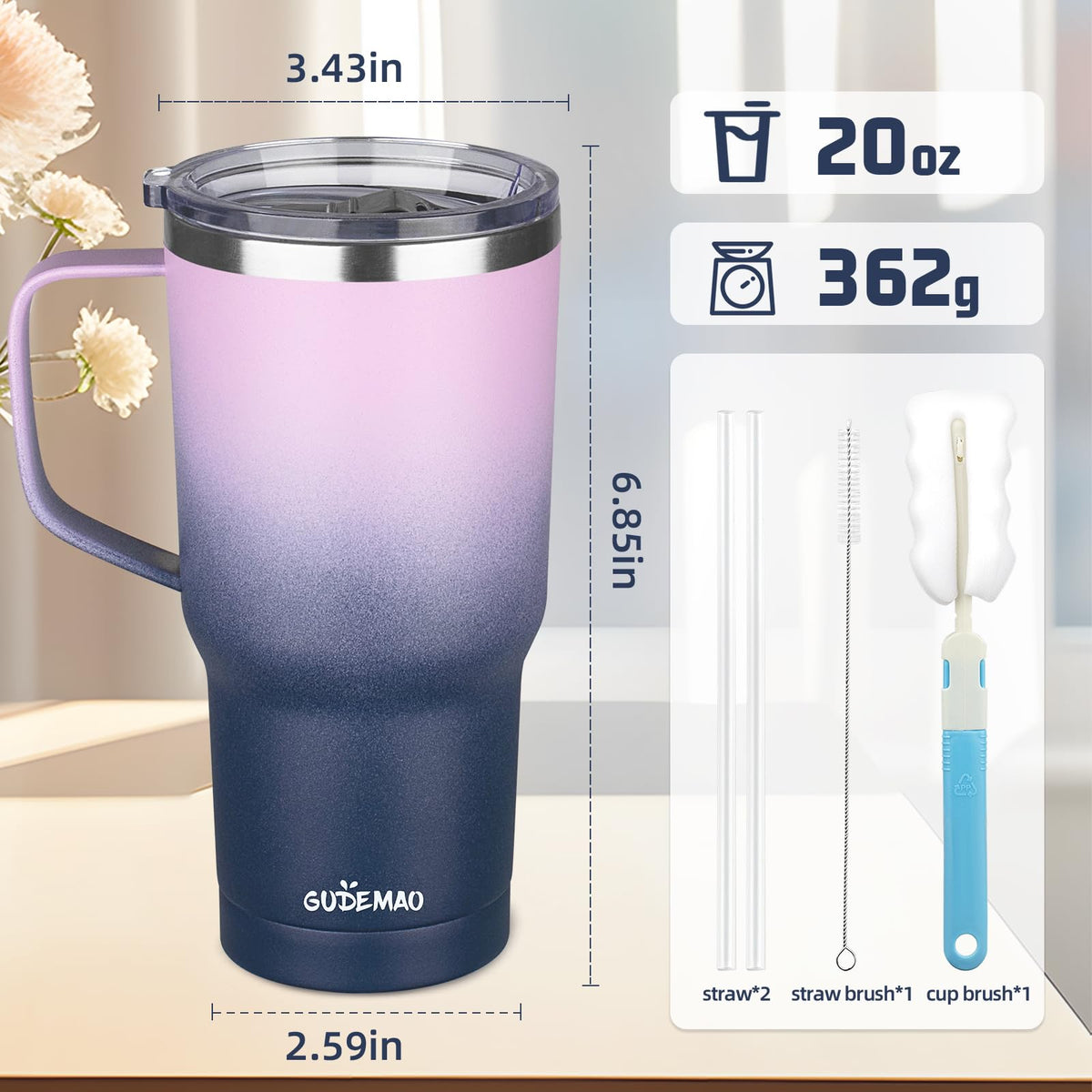 20 oz Insulated Stainless Steel Travel Mug with Handle Lid and Straw T179