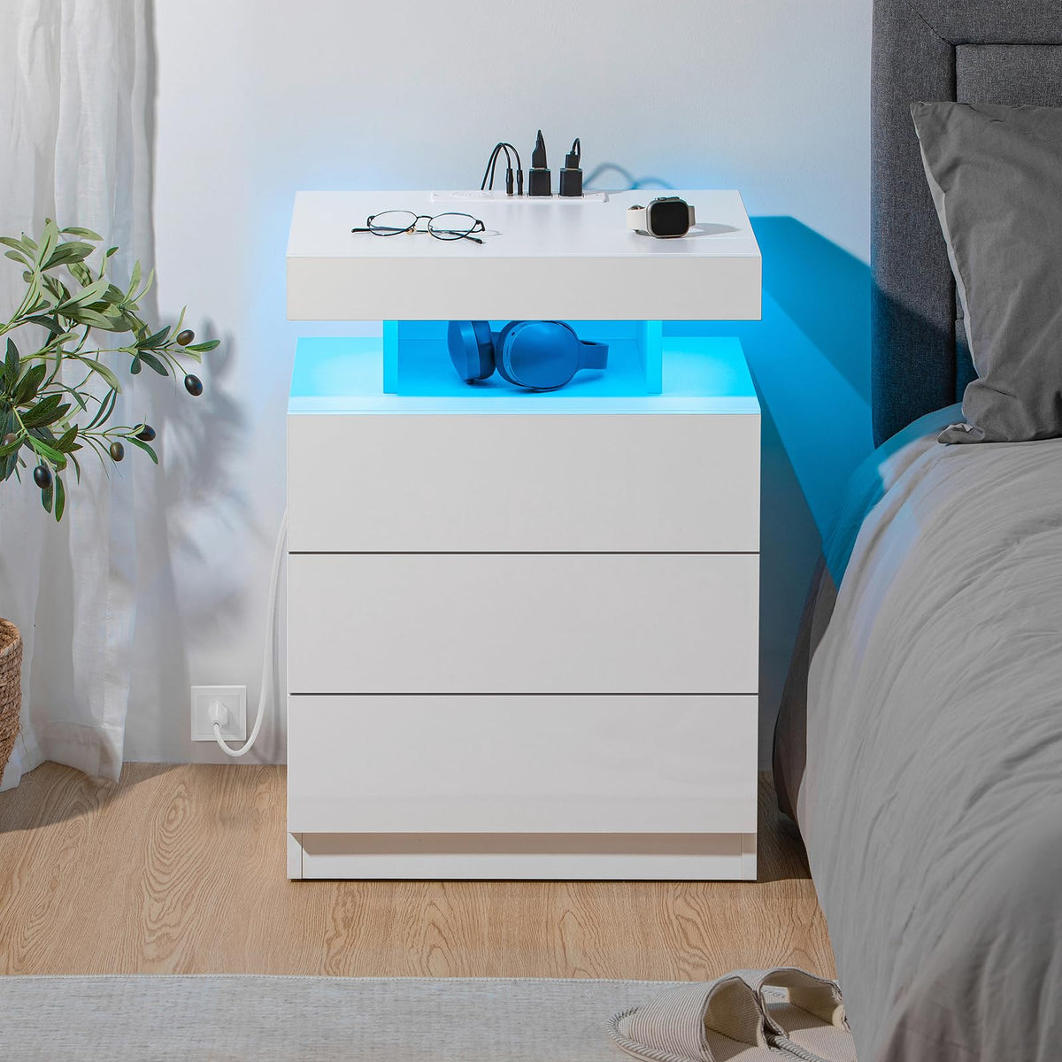 White 3 Drawer Nightstand with Charging Station and LED Light P621410