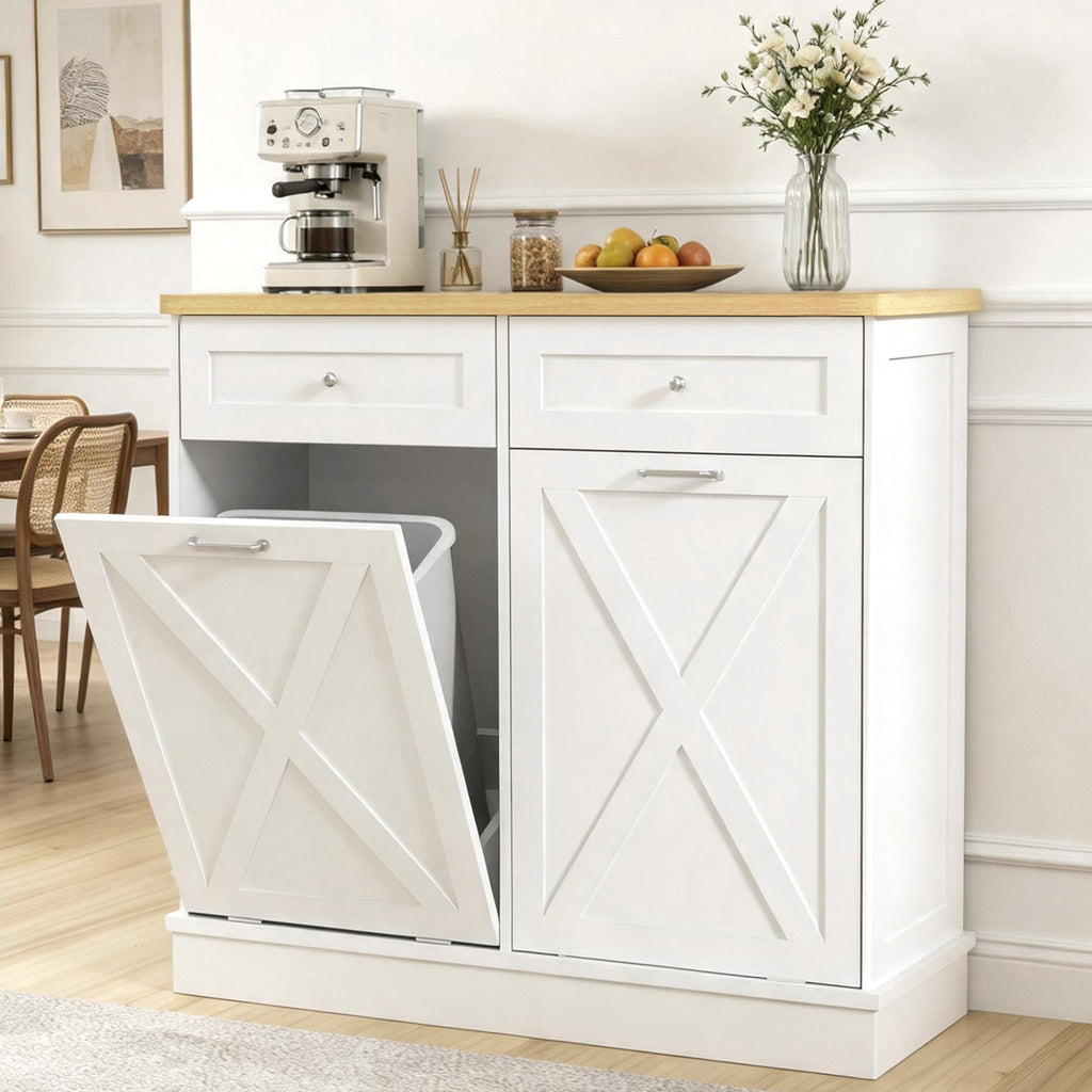 2x10 Gallon Tilt Out Trash Cabinet with Hideaway Drawers, White O453
