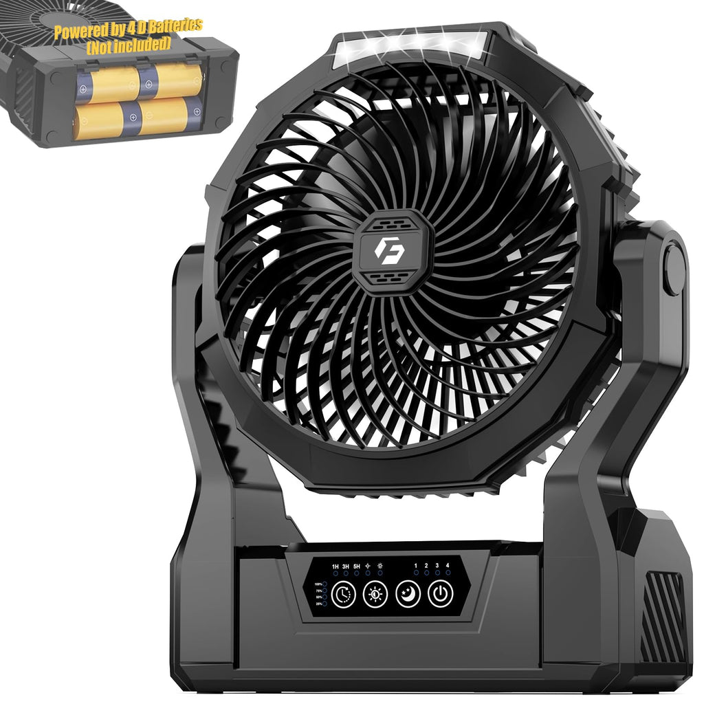 Battery Operated Portable Fan with 4 Speeds, 3 Timers & 2 Light Modes, Black N649