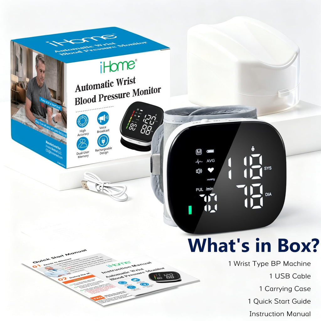 Wrist Blood Pressure Monitor Rechargeable Digital Voice Broadcast LED Backlit 199 Memory Storage for 2 Users with Carrying Case Q77585
