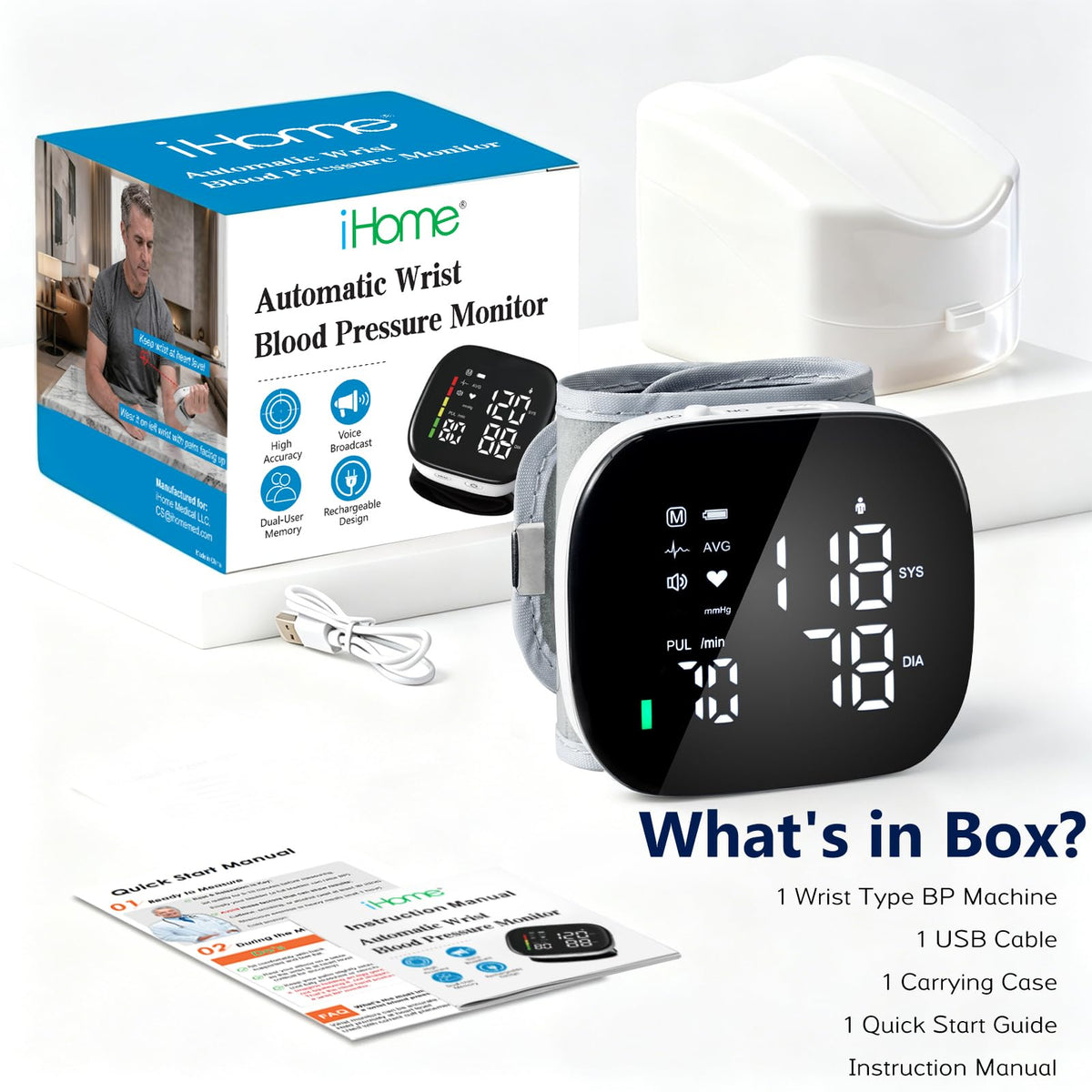 Wrist Blood Pressure Monitor Rechargeable Digital Voice Broadcast LED Backlit 199 Memory Storage for 2 Users with Carrying Case Q77585