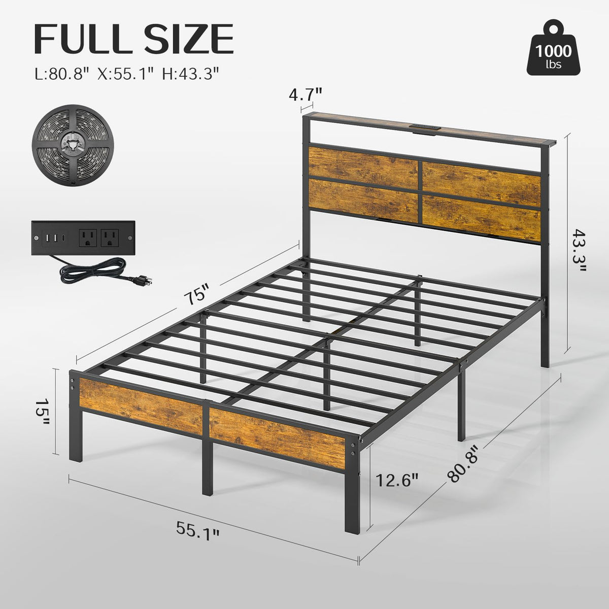 Full Size Platform Bed Frame with Charging Station Headboard and LED Lights X434