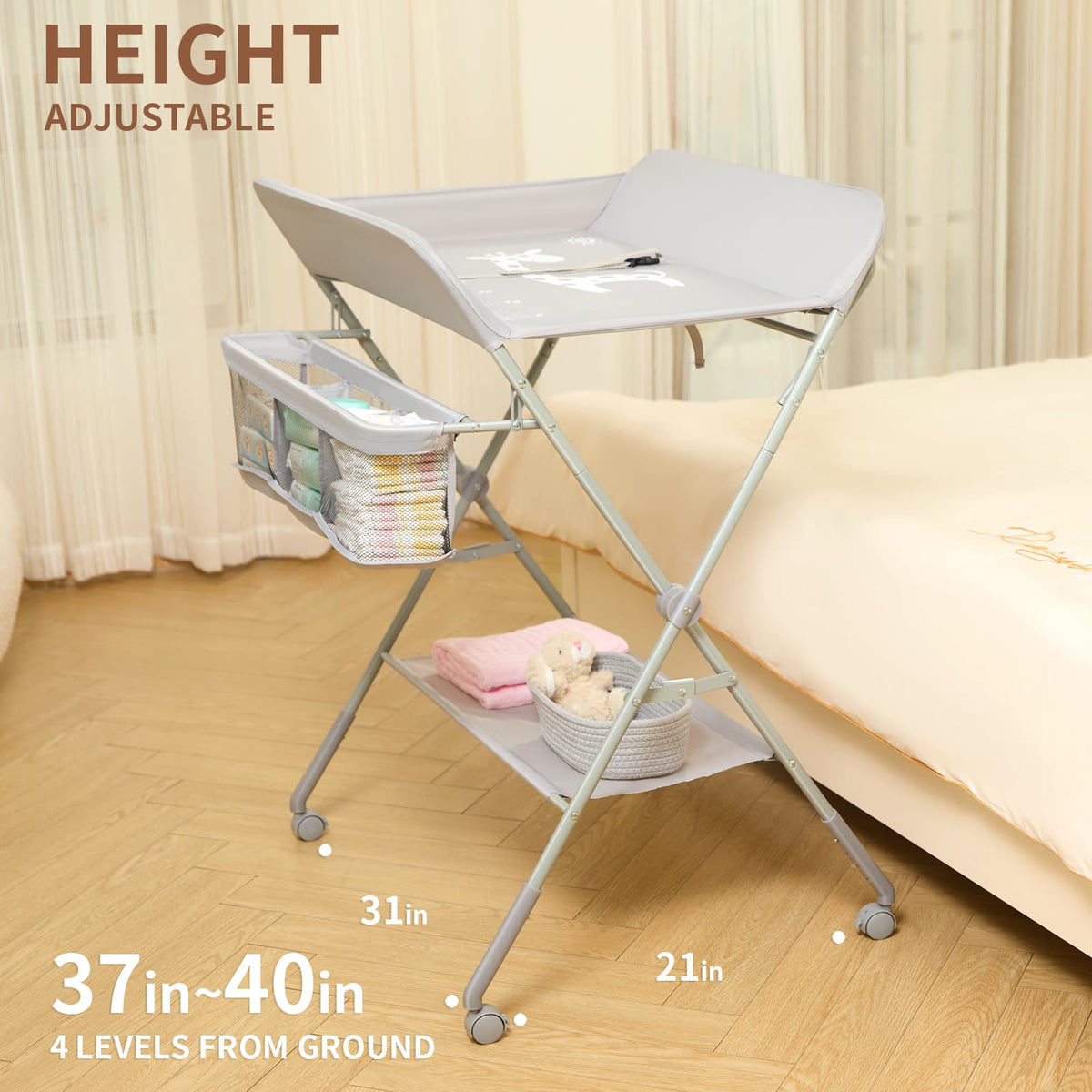 Baby Changing Table with Wheels, Portable Diaper Changing Station with 4-Level Height Adjustment W2931