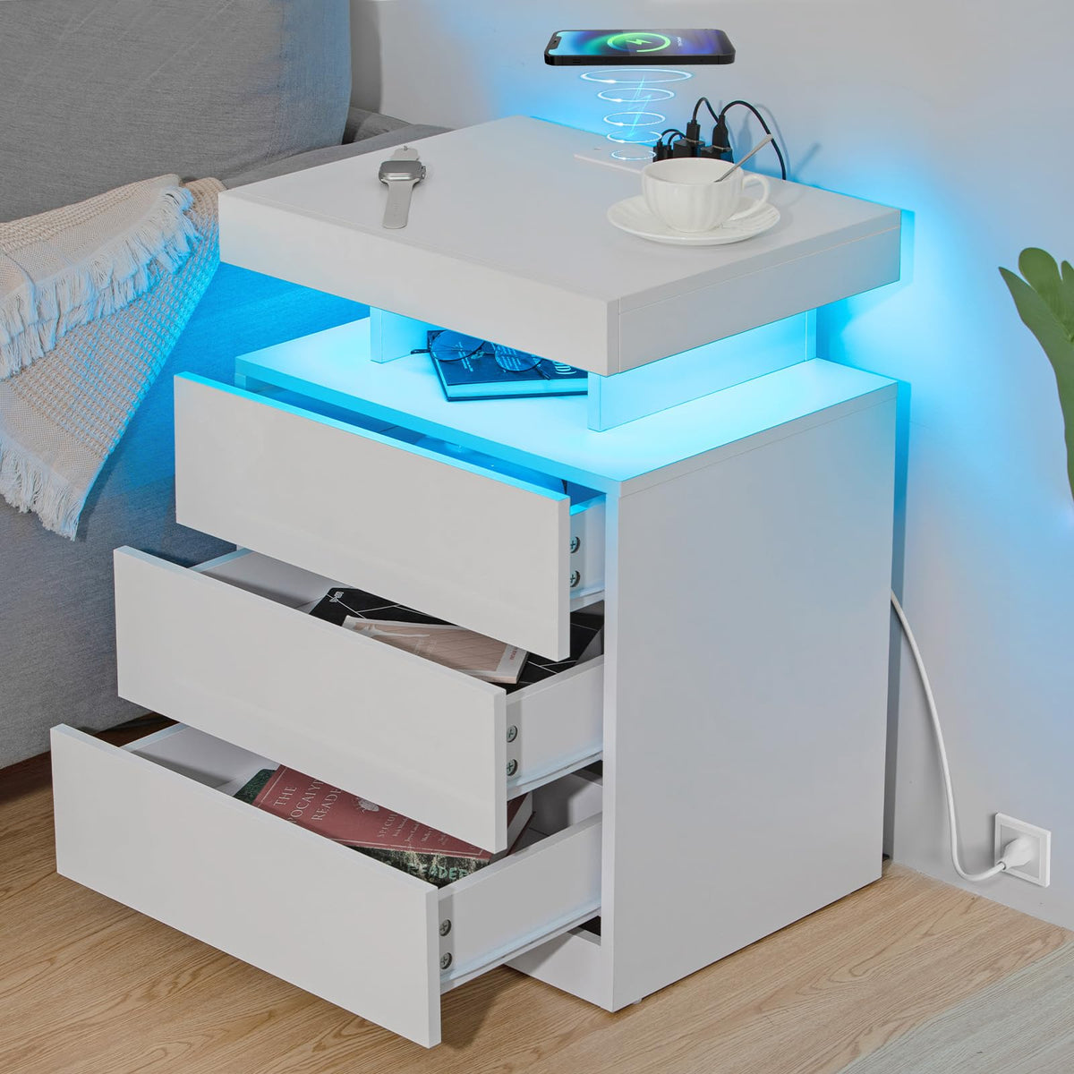 White 3 Drawer Nightstand with Charging Station and LED Light P621410