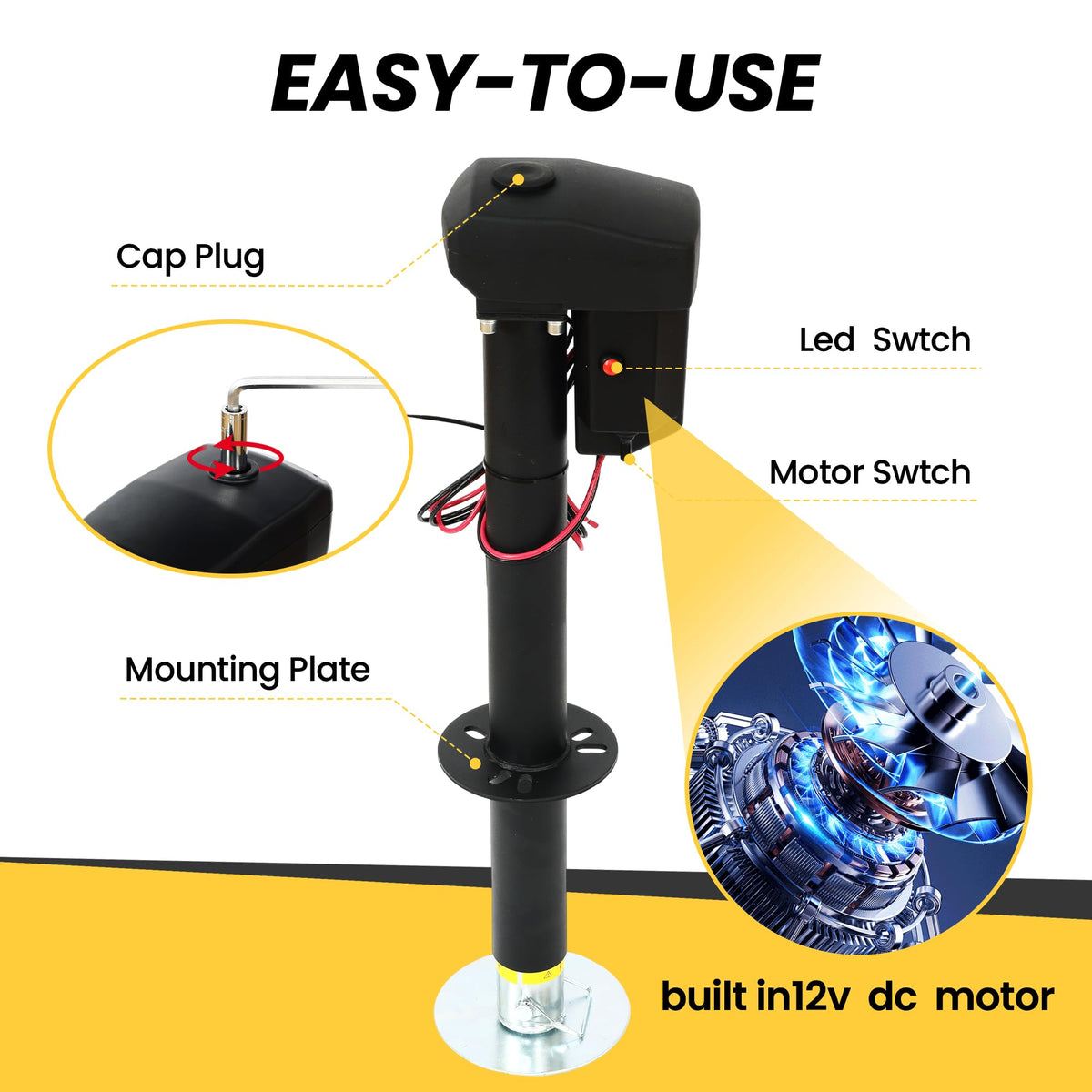 12V Electric Tongue Jack 4000lb A-Frame Heavy Duty Trailer Jack with Drop Foot & LED Light B2139