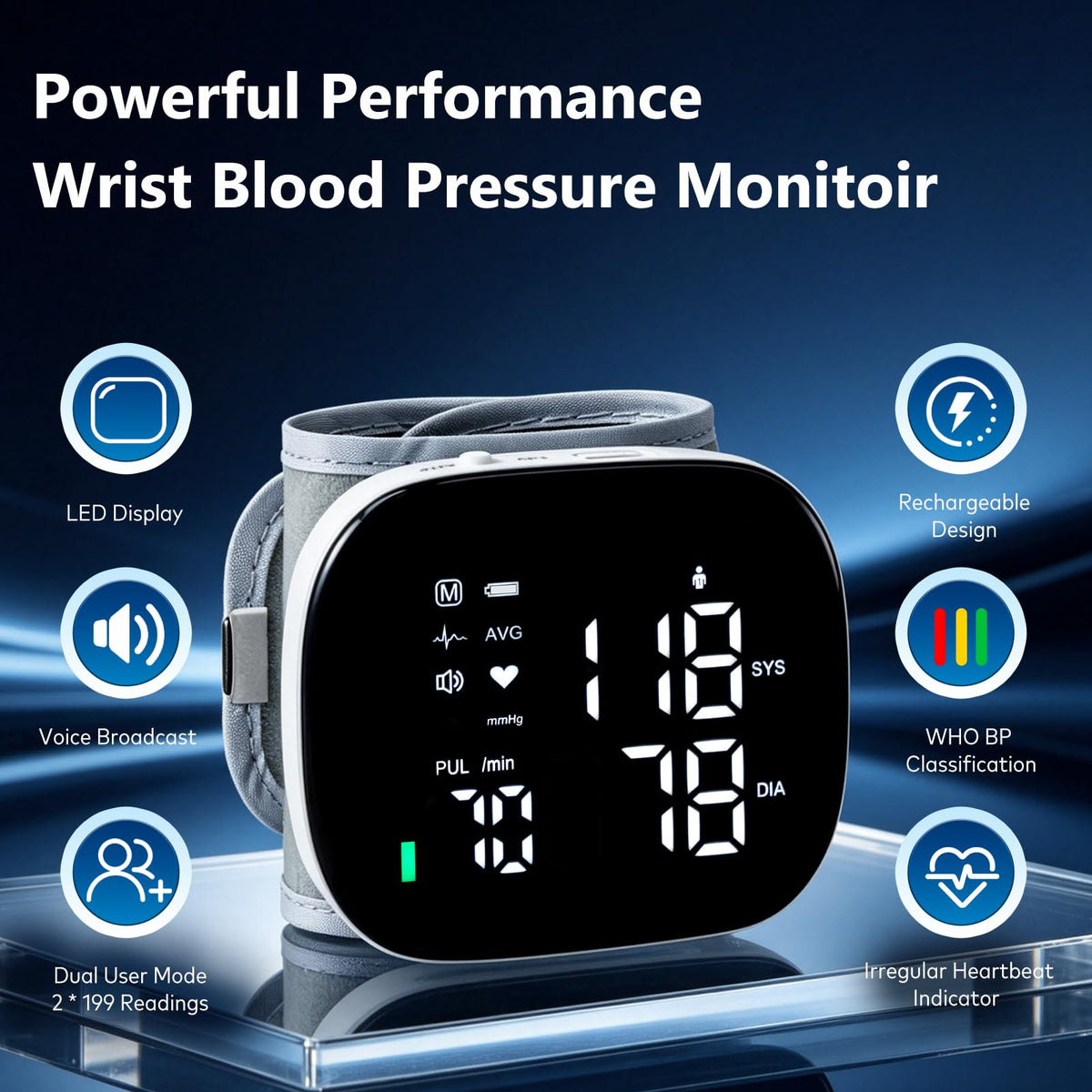 Wrist Blood Pressure Monitor Rechargeable Digital Voice Broadcast LED Backlit 199 Memory Storage for 2 Users with Carrying Case Q77585