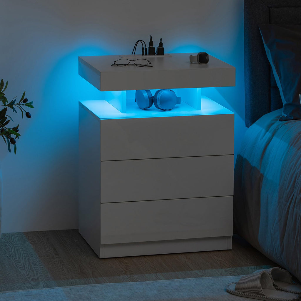 White 3 Drawer Nightstand with Charging Station and LED Light P621410