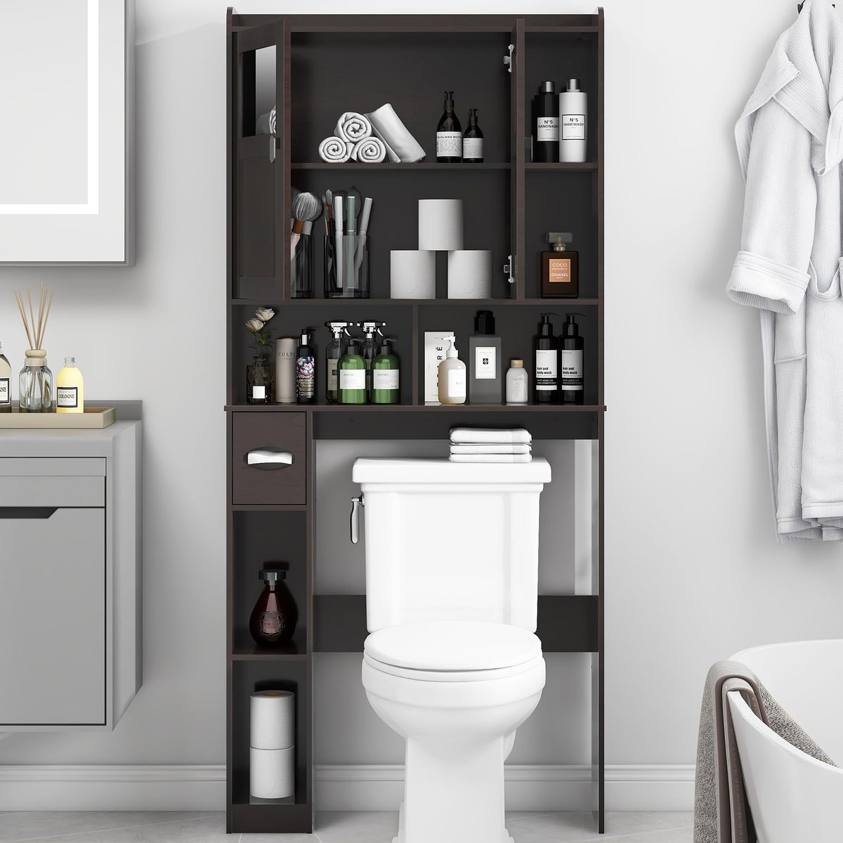 Over The Toilet Storage Cabinet with Doors and Shelves N802
