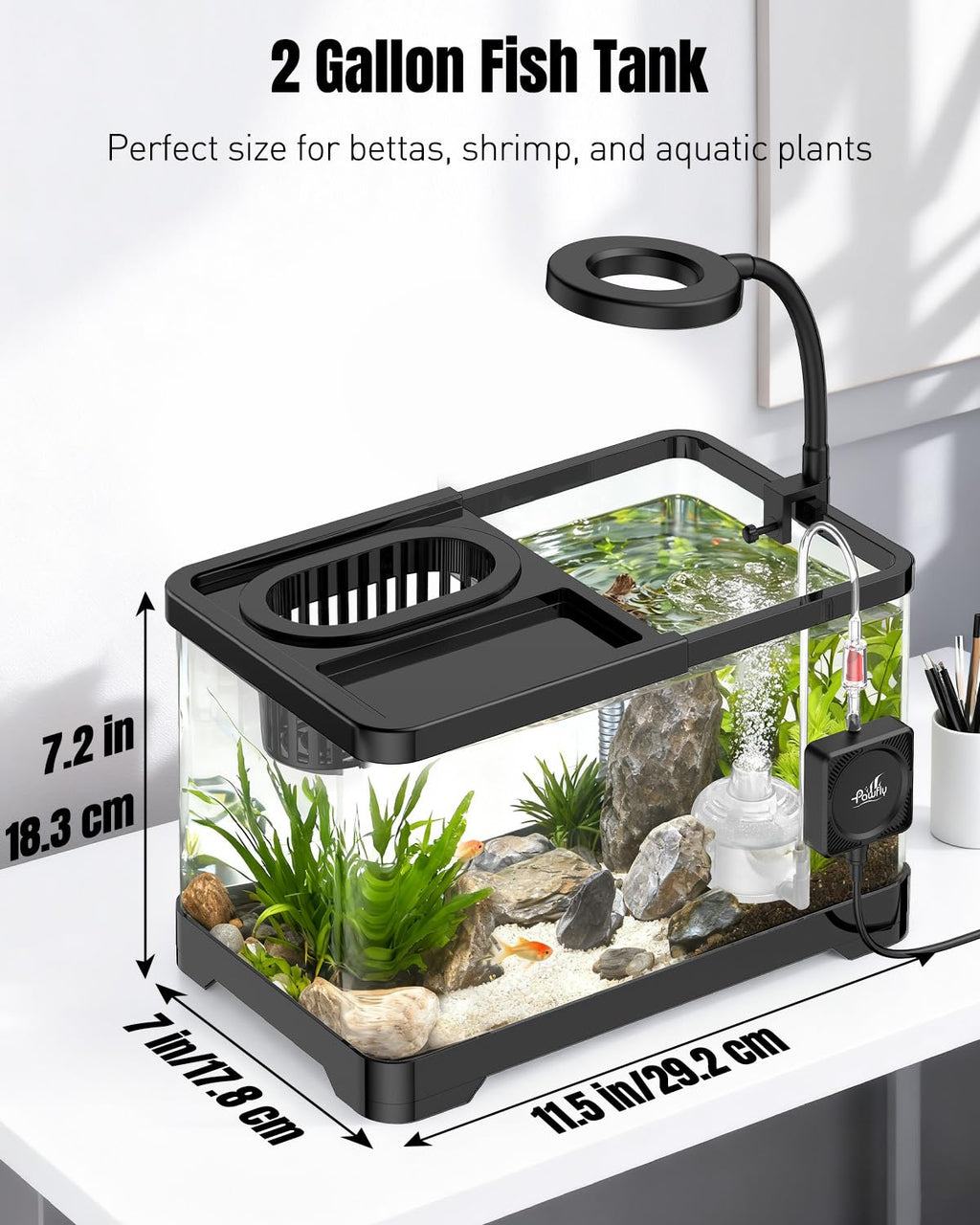 2 Gallon Ultra Clear Aquarium Starter Kit with LED Light, Air Pump, Filter X6702