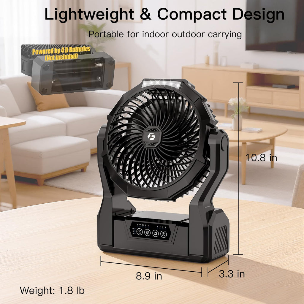 Battery Operated Portable Fan with 4 Speeds, 3 Timers & 2 Light Modes, Black N649