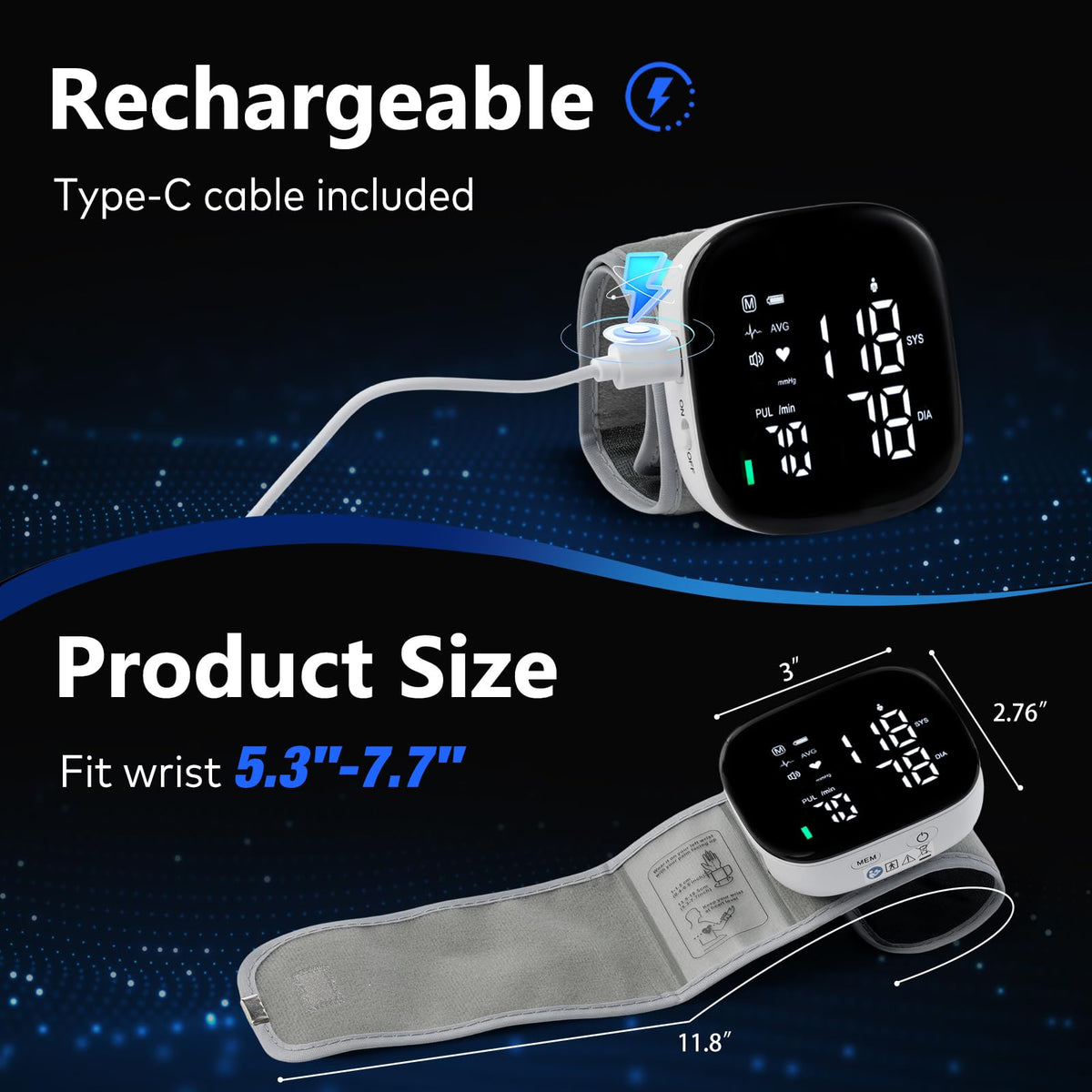 Wrist Blood Pressure Monitor Rechargeable Digital Voice Broadcast LED Backlit 199 Memory Storage for 2 Users with Carrying Case Q77585