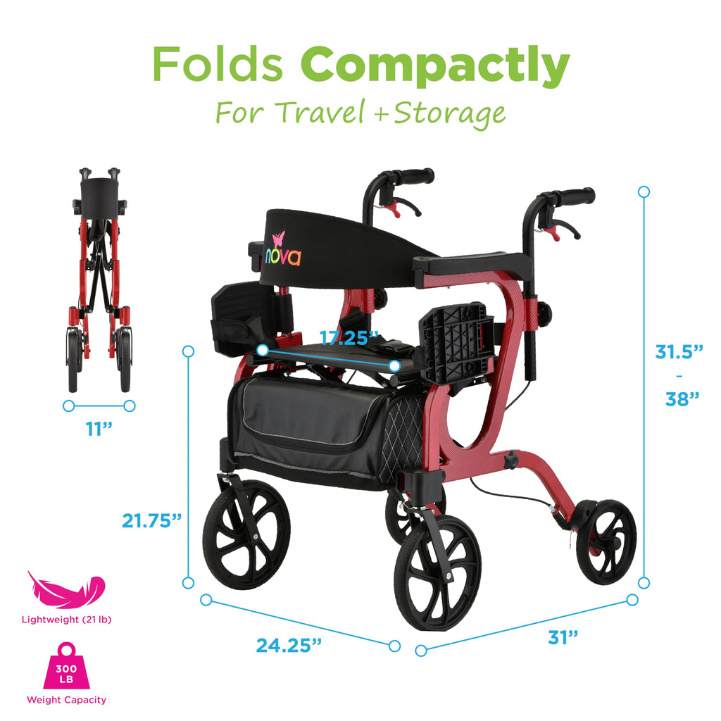 2-in-1 Rollator & Transport Wheelchair with Seat, Red U13484