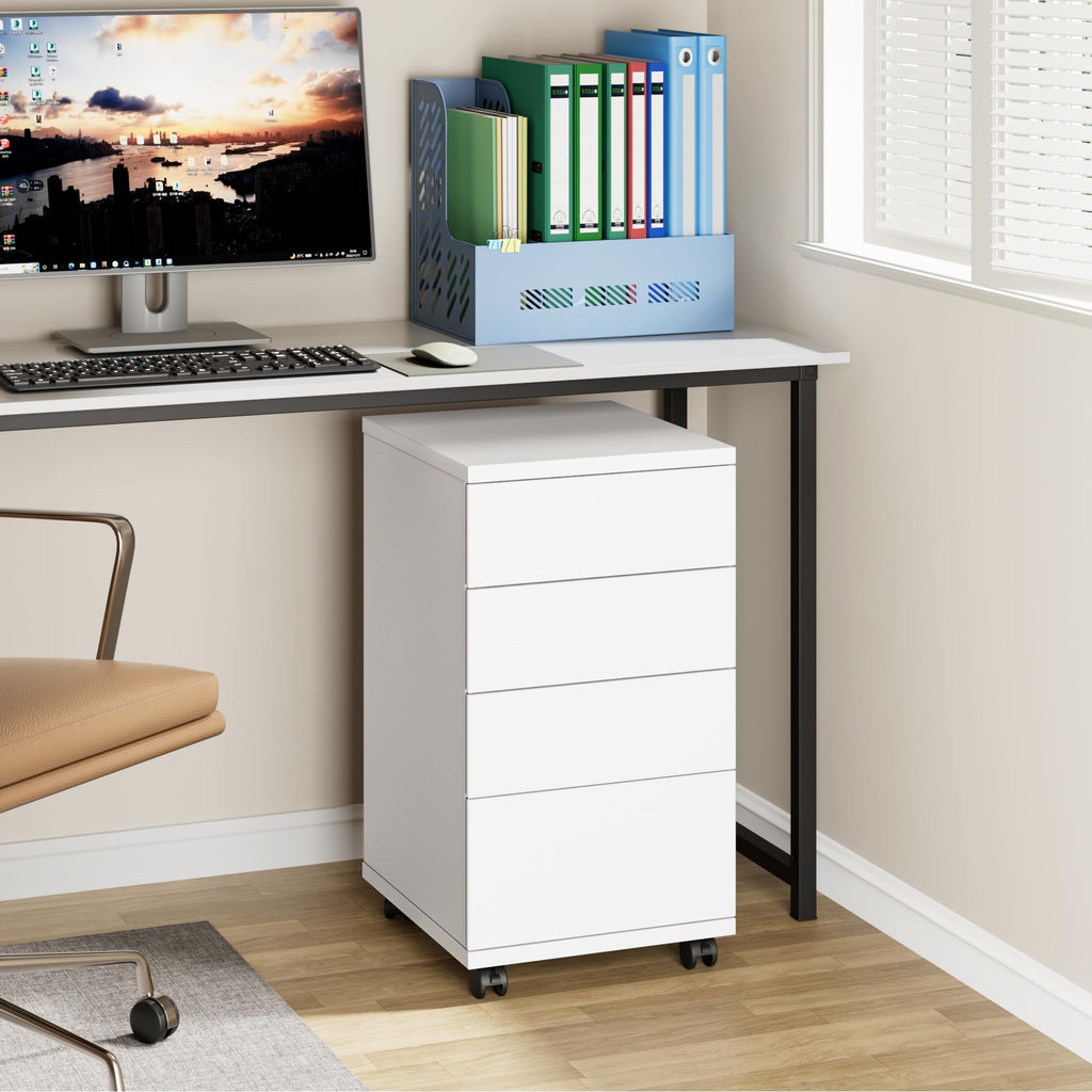 White 4 Drawer Wood Storage Cabinet with Wheels P91763