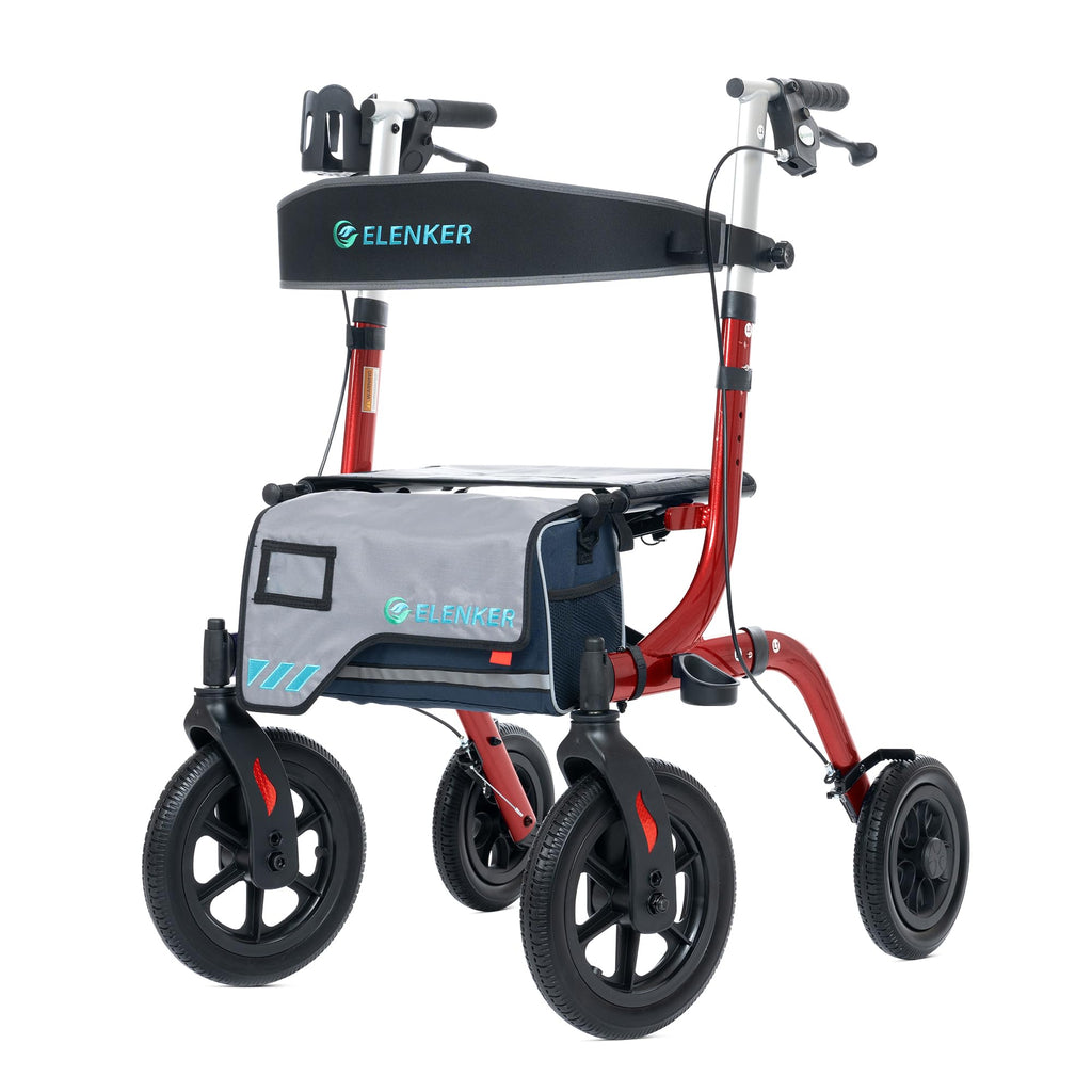 All-Terrain Rollator Walker with Seat, 12” Non-Pneumatic Tire Front Wheels, Compact Folding, Red P8170