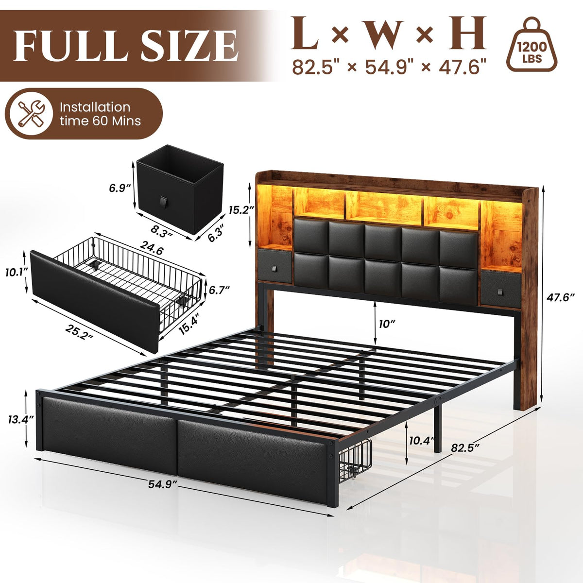 Full Size Platform Bed Frame with LED Light and Charging Station, Black I9300