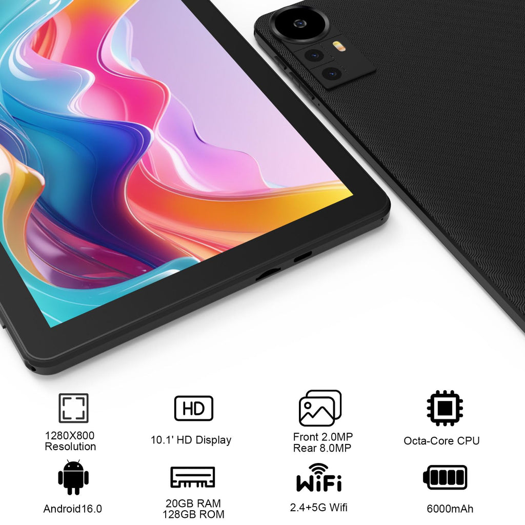 Android 16 Tablet 10 Inch 20GB RAM 128GB ROM Black N4710