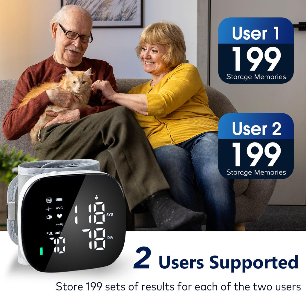 Wrist Blood Pressure Monitor Rechargeable Digital Voice Broadcast LED Backlit 199 Memory Storage for 2 Users with Carrying Case Q77585