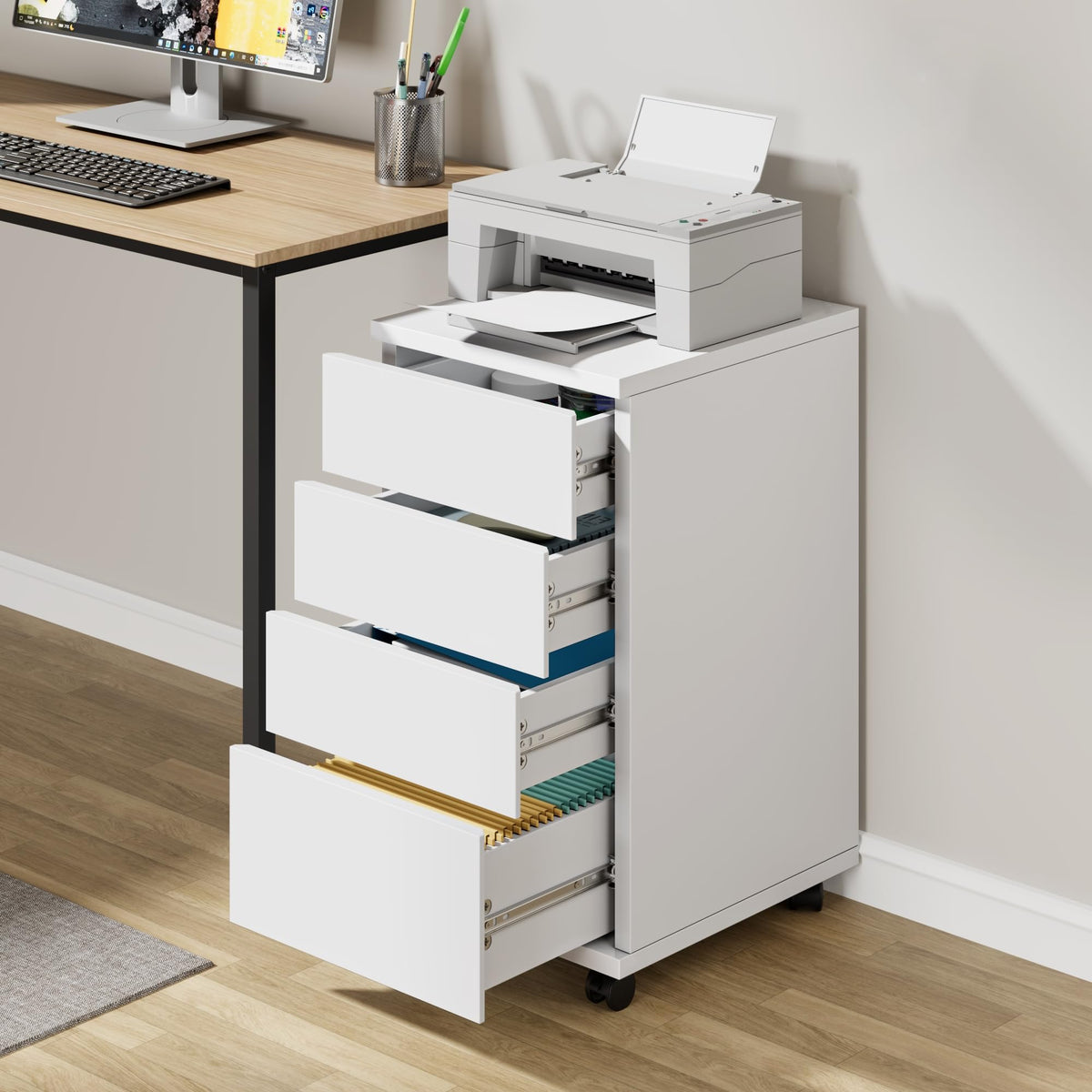 White 4 Drawer Wood Storage Cabinet with Wheels P91763